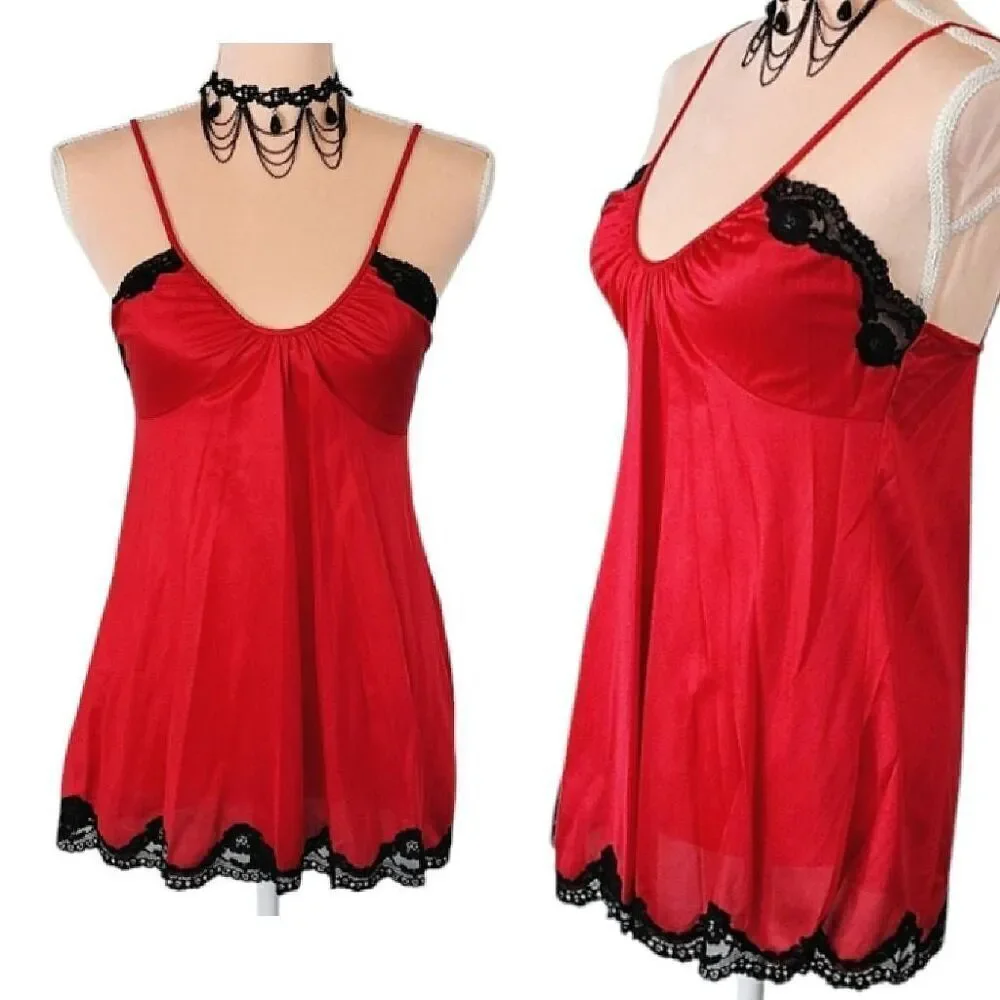 VTG 60s USA Red Black Nylon Scoop Neck Babydoll Lingerie Slip Small RARE - Picture 4 of 16
